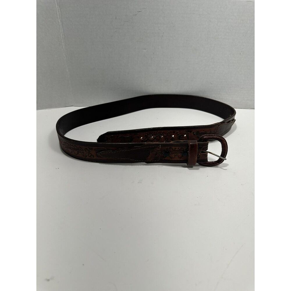 Embossed Pattern Brown Leather Belt Mens 44” Long Leaves Animals Leaf